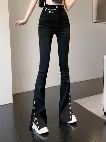 2023 new autumn niche design micro-flare jeans for women high-waist slim slimming slit wide-leg trousers (B3916)