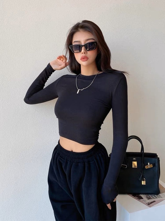 liviahome European and American hot girls tight-fitting bottoming shirt top women's autumn high waist short round neck long-sleeved T-shirt