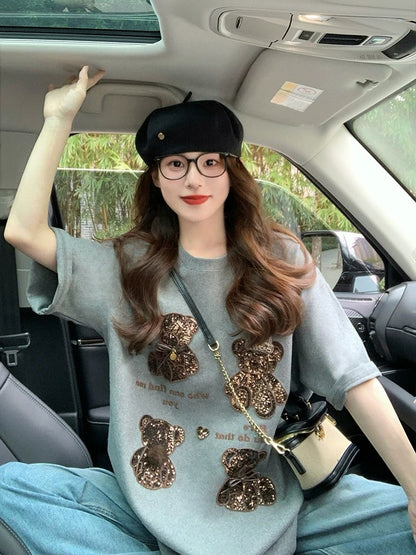 Gray Heavy Industry Bear Short-sleeved T-shirt Women 2025 New Spring and Summer Design Sense of Western Style Loose European Goods Large Edition Top