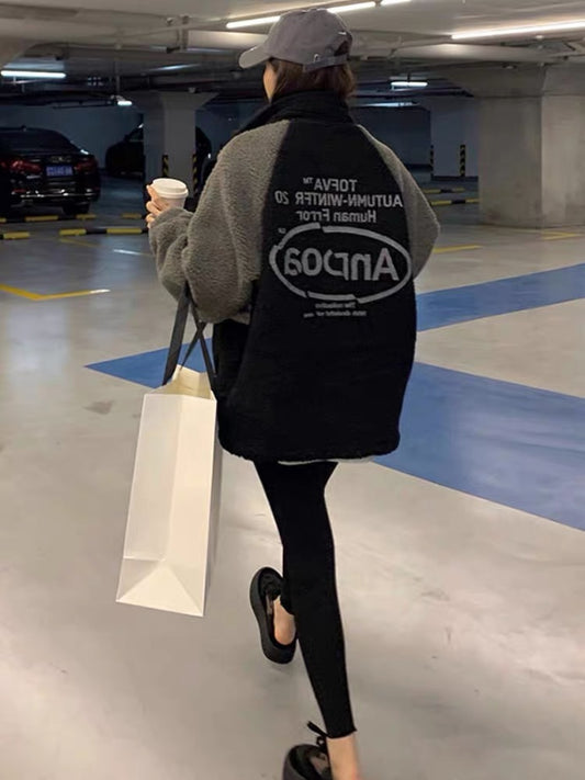 Lamb wool sweatshirt for women 2023 popular Korean version loose plus velvet thickened retro Hong Kong style chic jacket New Year's clothing