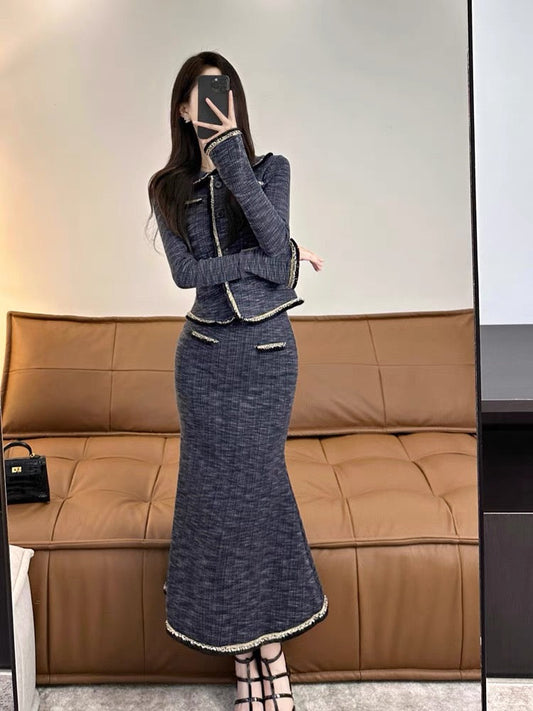 Xiaoxiangfeng suit 2023 new popular autumn and winter high-end temperament French mid-length fishtail skirt two-piece set (S5557)