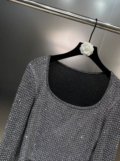 Net red pomelo MM 2023 autumn square collar long sleeve high temperature hot diamond bright shiny slim slim all-match shirt