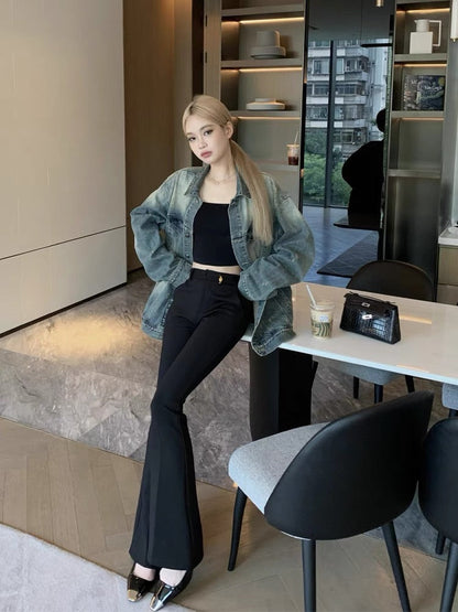 Good Morning Fanfan boyfriend style distressed frayed denim jacket for women autumn thin loose slim Korean style lazy style top (J234)