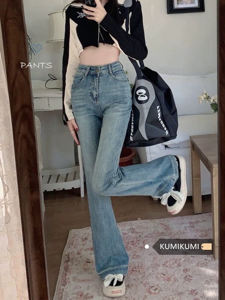 Retro micro-flare jeans for women in autumn, slim-fitting, high-waisted horse hoof pants, floor-length trousers, high street pants, trendy