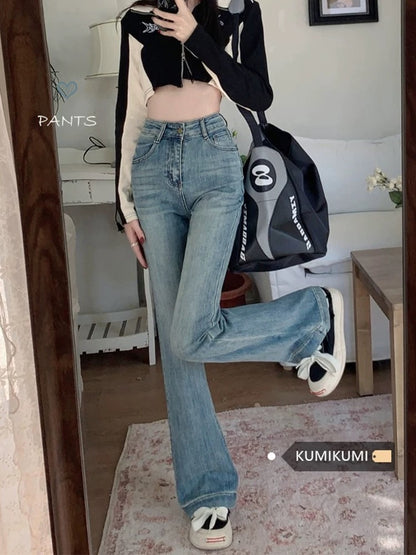 Retro micro-flare jeans for women in autumn, slim-fitting, high-waisted horse hoof pants, floor-length trousers, high street pants, trendy