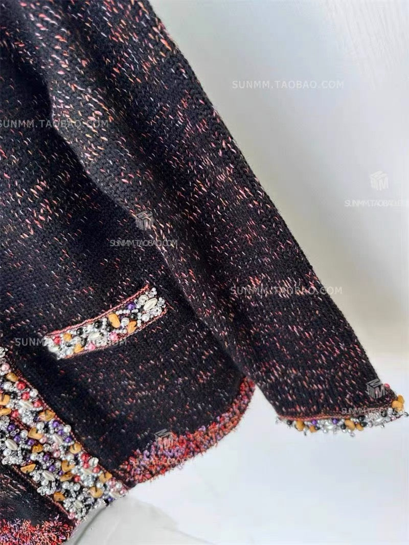Buyer store 23 autumn high-end niche heavy industry wool hand-beaded V-neck knitted sweater cardigan with small fragrance style