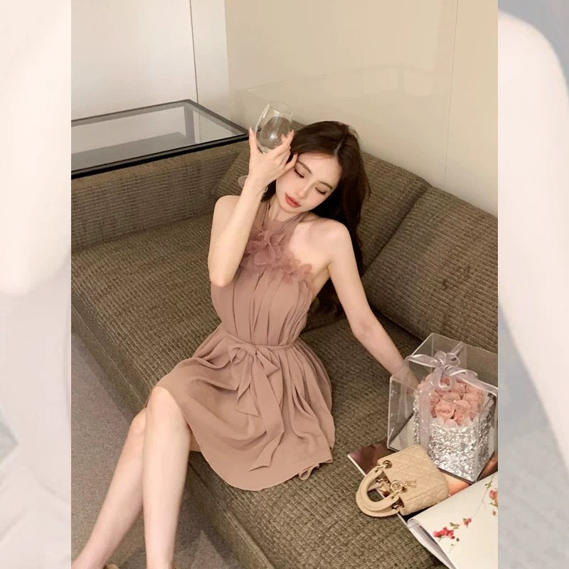 First love skirt breast milk wear summer A-line skirt pleated three-dimensional flower brooch hanging neck strap dress female