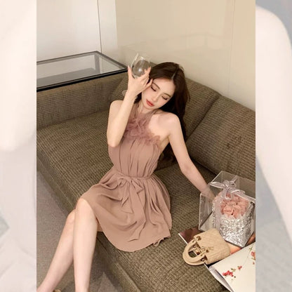 First love skirt breast milk wear summer A-line skirt pleated three-dimensional flower brooch hanging neck strap dress female