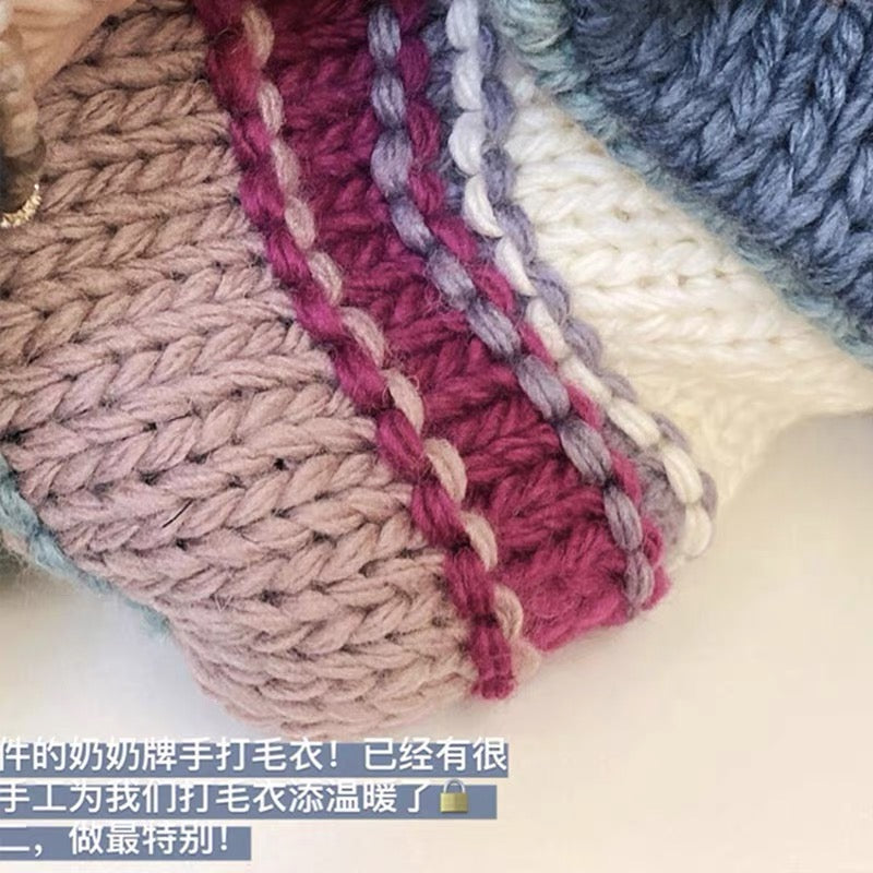 2022 new Japanese style lazy style thick line loose rainbow striped cocoon pullover sweater for women autumn and winter outer wear foreign style V1149