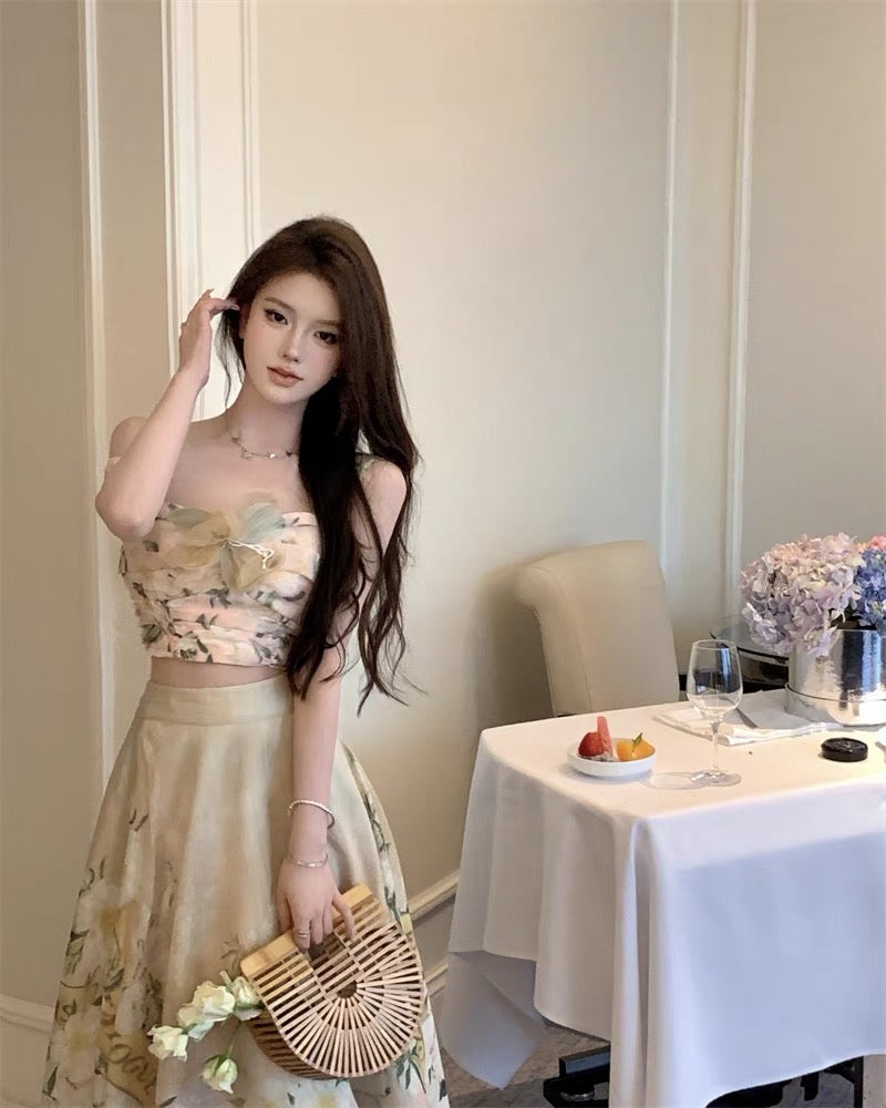 French suit temperament camisole top women's summer seaside vacation two-piece high-quality skirt long skirt