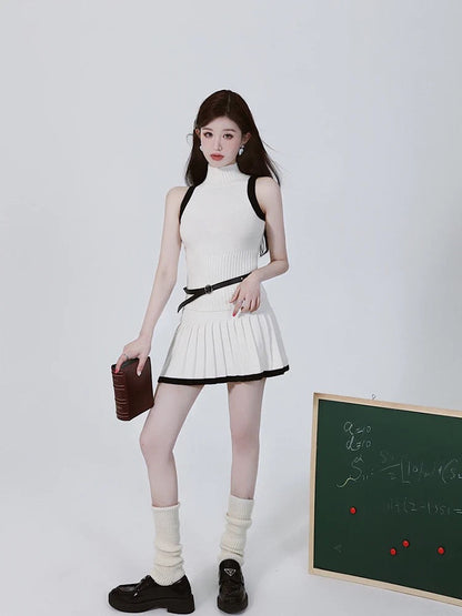 Minimalism, basic comfort, pure slim fit, all-match color matching small turtleneck sleeveless knitted sweater vest + pleated skirt
