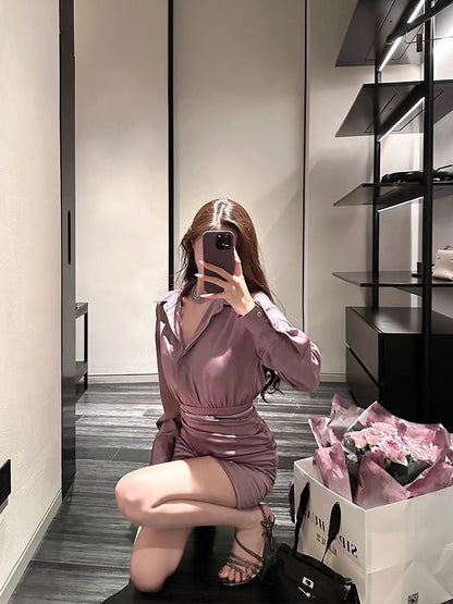 For Fay light purple satin pleated hip-hugging slim shirt dress high-end design temperament waist dress