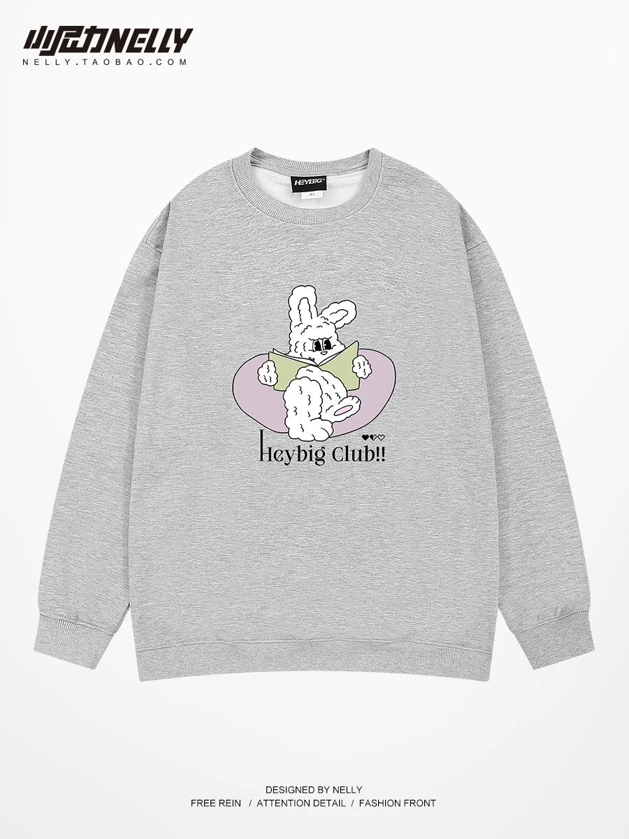 American retro creative rabbit print round neck sweatshirt for men and women in autumn and winter, long-sleeved bottoming shirt, trendy tops