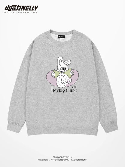 American retro creative rabbit print round neck sweatshirt for men and women in autumn and winter, long-sleeved bottoming shirt, trendy tops