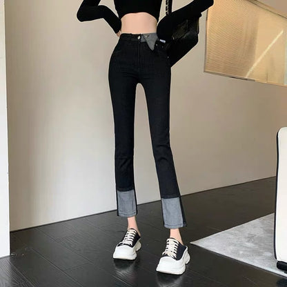 Designed splicing jeans for women 2023 spring high-waisted slimming Korean style boot-cut pants high-end light luxury versatile pants (B3914)