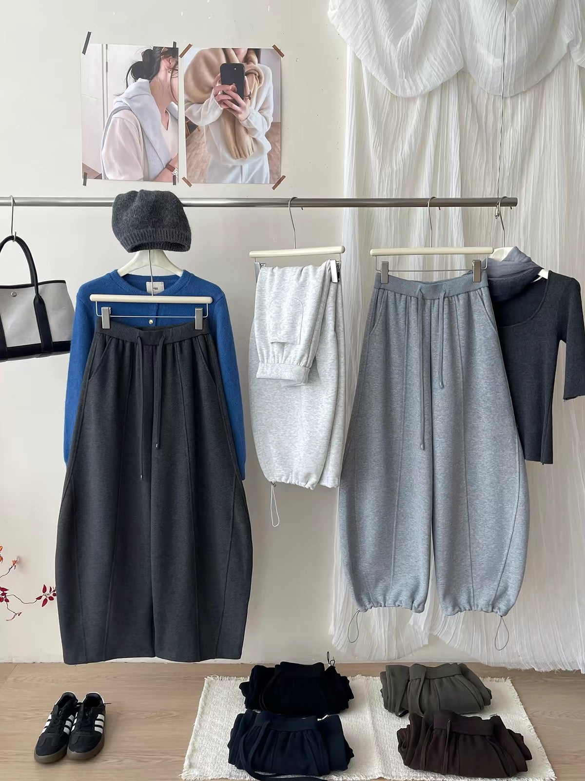 Japanese/Korean-style women's wide-leg sweatpants featuring a curved "scimitar" cut and balloon silhouette; designed for autumn/winter with a relaxed, laid-back vibe; versatile and casual, with a drawstring waist and adjustable cinched cuffs.