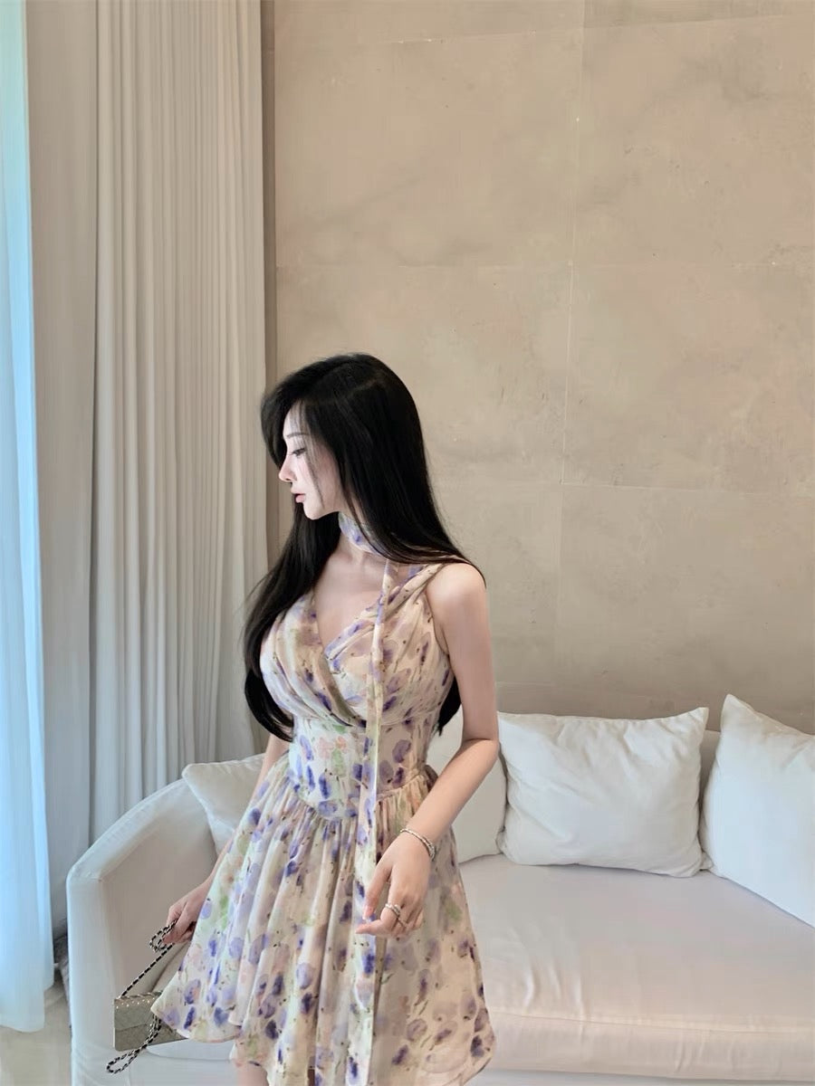 Hotdog hot dog is very spicy [Loving lilac] purple floral dress women's summer strapless sleeveless (D058)