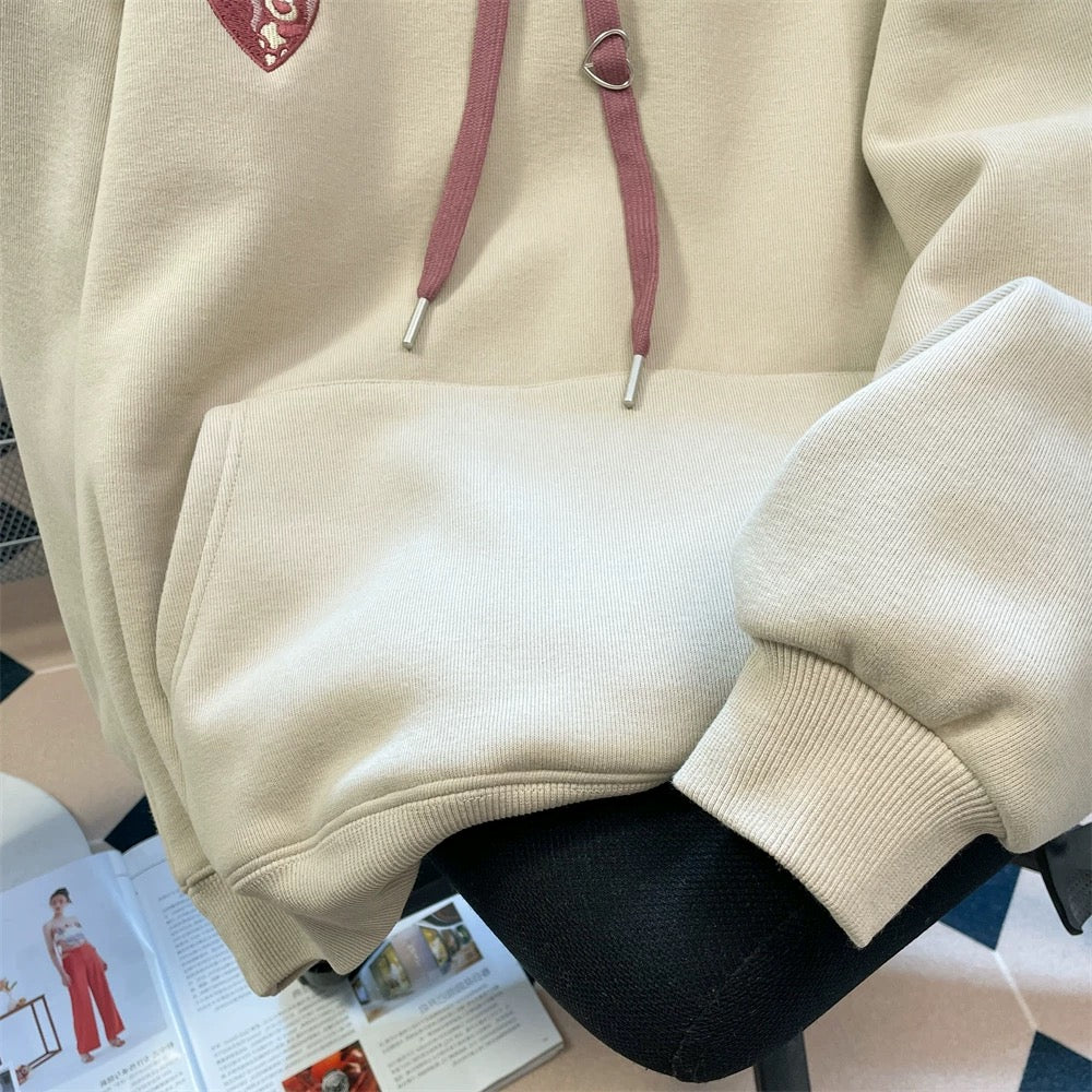 Korean lazy style sweet love bear hooded sweatshirt for men and women autumn and winter design niche plus velvet thickened top