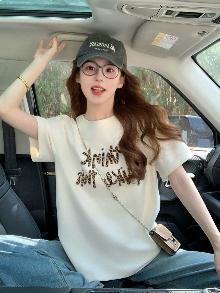 Retro letter print short-sleeved T-shirt for women 2025 new summer American trendy brand leopard print design loose top
