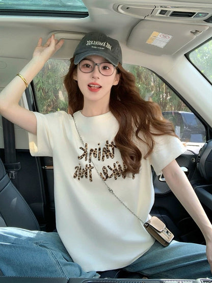 Retro letter print short-sleeved T-shirt for women 2025 new summer American trendy brand leopard print design loose top