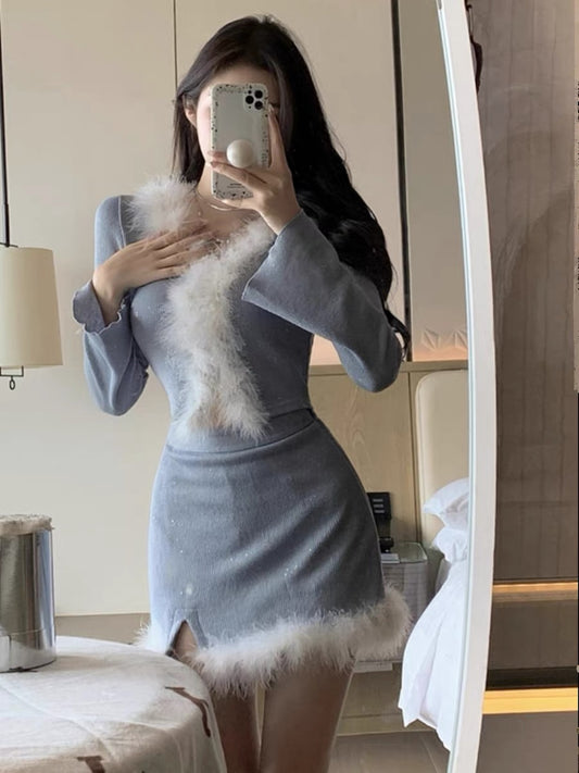 Celebrity style feather glitter suit 2023 spring and summer spliced knitted V-neck top + high waist skirt two-piece set