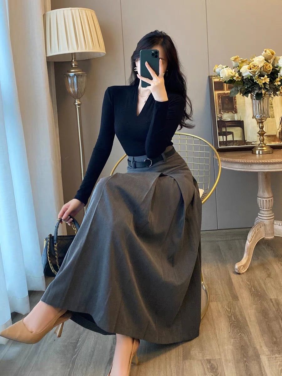 French gray high waist pleated skirt women 2023 autumn new mid-length A-line skirt umbrella skirt suit women's clothing