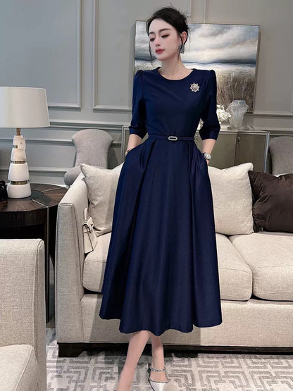 2023 Spring and Autumn French Style Mid-Length Fashionable Rose Red Elegant Red Dress with Waist and Swing Swing