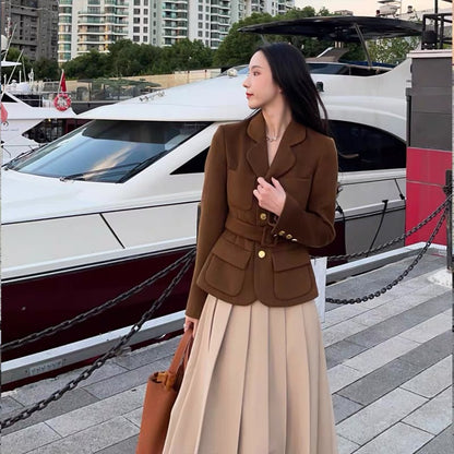 Hong Kong style suit for women, retro chic, foreign style celebrity, small fragrant street style, winter suit jacket, pleated skirt, two-piece set