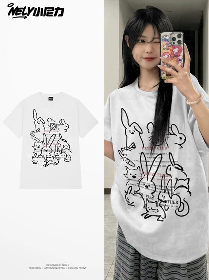 Nely American retro rabbit cat print cotton short-sleeved T-shirt men and women trendy loose tops ins