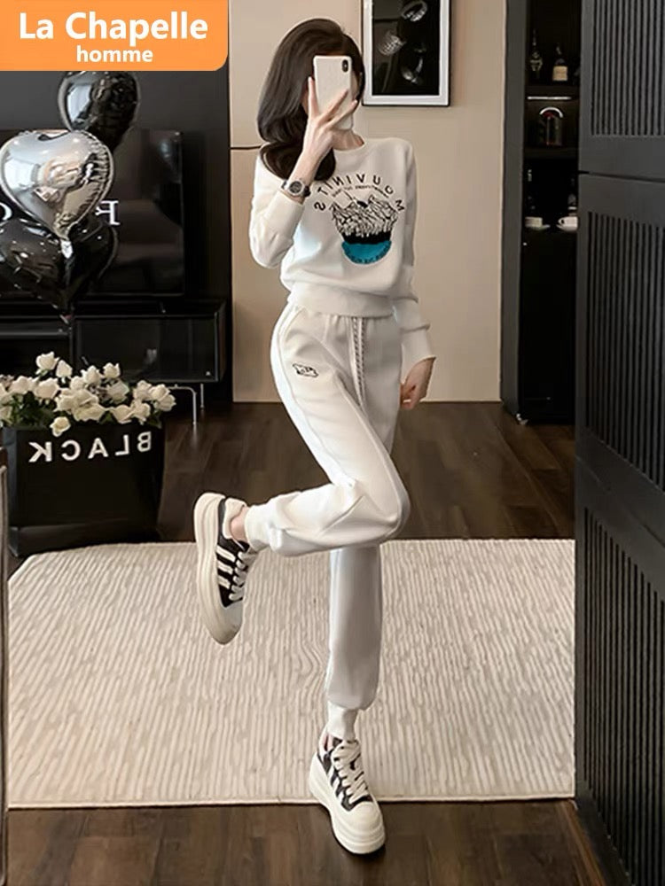 La Chapelle printed long-sleeved casual sports sweatshirt suit for women autumn 2023 new loose and fashionable two-piece set
