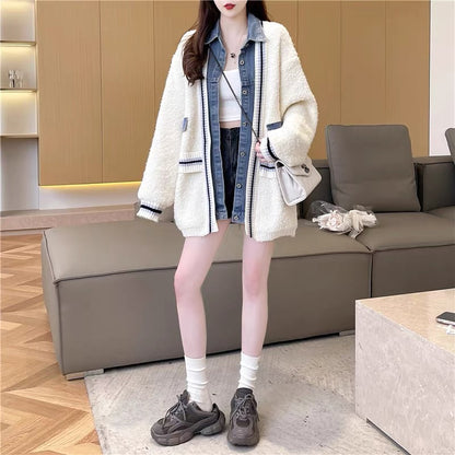 Designed denim splicing sweater cardigan for women 2023 new autumn casual loose and versatile knitted jacket (S0611)