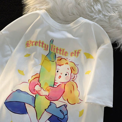 Jwneed Co-branded cartoon trendy brand apricot short-sleeved T-shirt for women summer new dopamine couple sweet niche pure cotton top