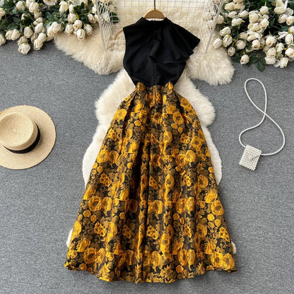 New spring design ruffle sleeveless stitching high waist three-dimensional flower embroidery temperament small fresh dress