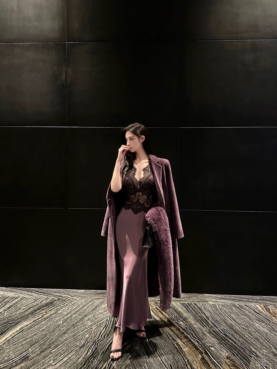 For Fay Goddess of Beauty is Coming Purple/Super Heavy Duty Satin Splicing Lace V-neck Sexy Hip-pack Dress