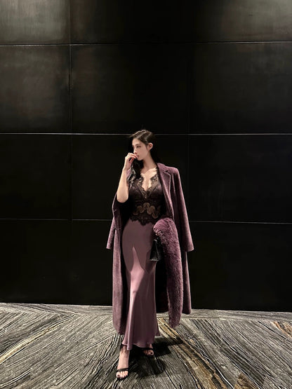 For Fay Goddess of Beauty is Coming Purple/Super Heavy Duty Satin Splicing Lace V-neck Sexy Hip-pack Dress