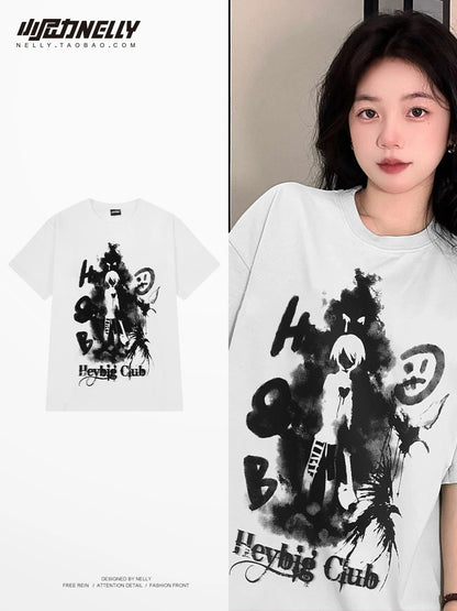 Dark devil girl print short-sleeved T-shirt for men and women oversize heavy cotton American high street style top
