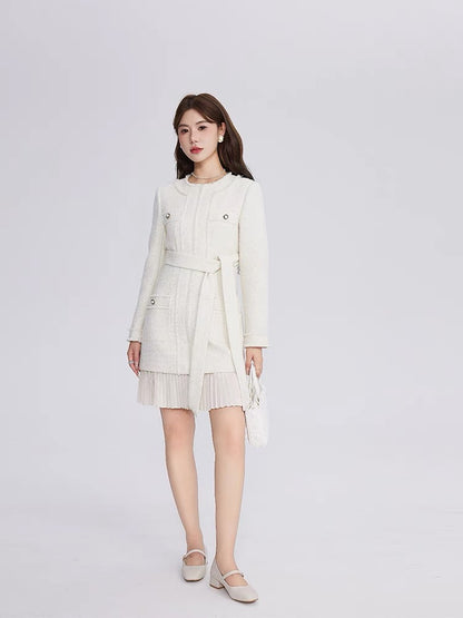 Volstagg white small fragrant dress for women autumn high-end splicing fake two-piece French lady style skirt