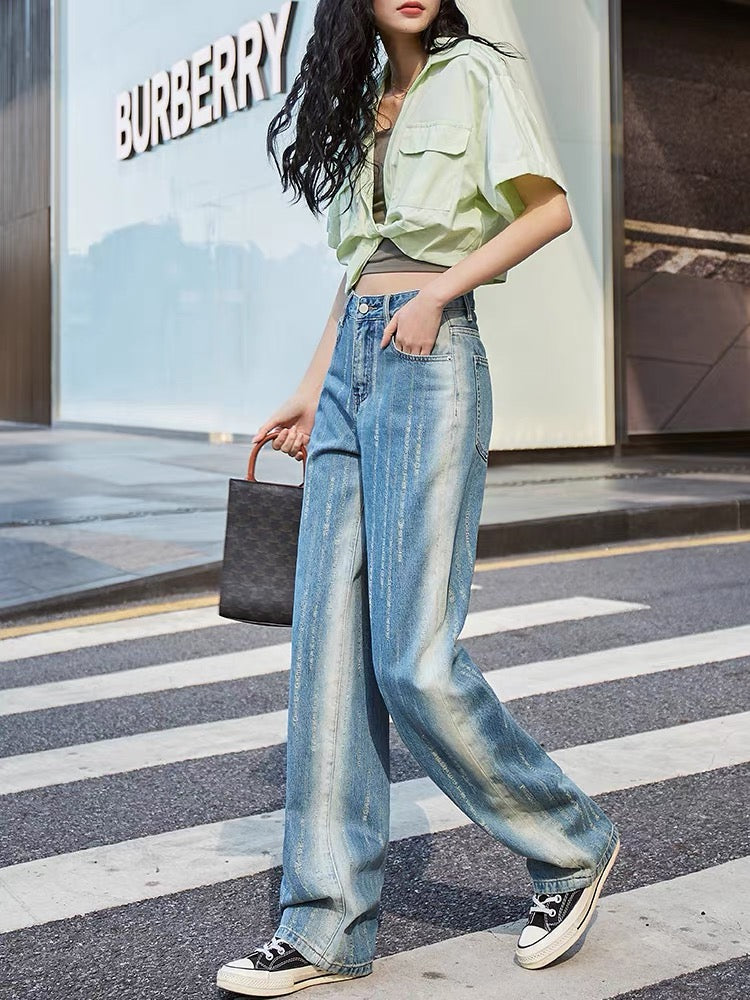 Gradient Blue High Waisted Wide Leg Straight Jeans Women's 2023 Autumn New Niche Design Fashionable Floor-Mopping Pants (P128)