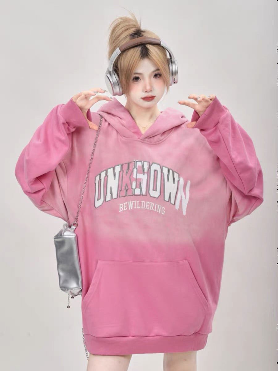 American retro niche oversize washed tie-dye gradient blue hooded sweatshirt for women spring and autumn 2023 new trend A3350