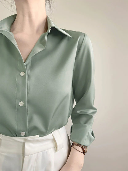 ACHU straightforward and simple high-end green satin shirt women's professional interview shirt design niche top T579