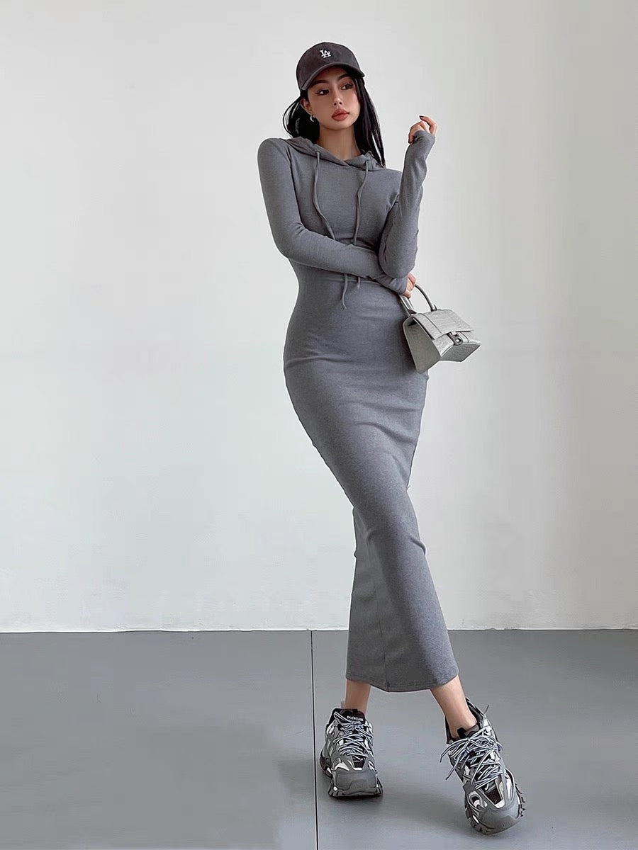 liviahome European and American street hot girl hooded dress women's autumn waist slimming hip-covering knitted skirt long skirt (D216)