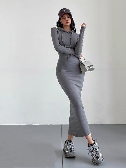 liviahome European and American street hot girl hooded dress women's autumn waist slimming hip-covering knitted skirt long skirt (D216)