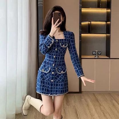 2023 new autumn and winter women's clothing small fragrant style high-end dress for small women slimming blue woolen skirt
