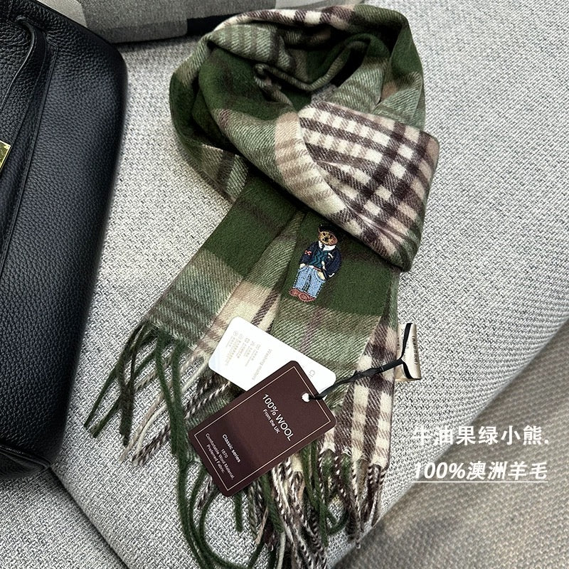UK limited edition bear 100% Australian wool scarf retro British style men and women couple plaid thick winter