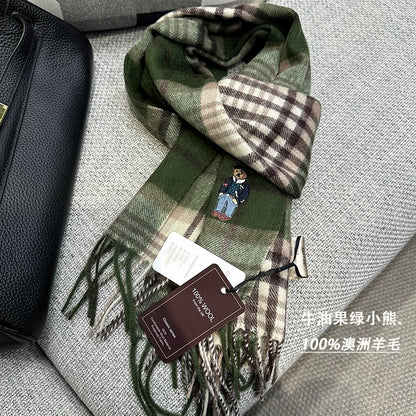 UK limited edition bear 100% Australian wool scarf retro British style men and women couple plaid thick winter