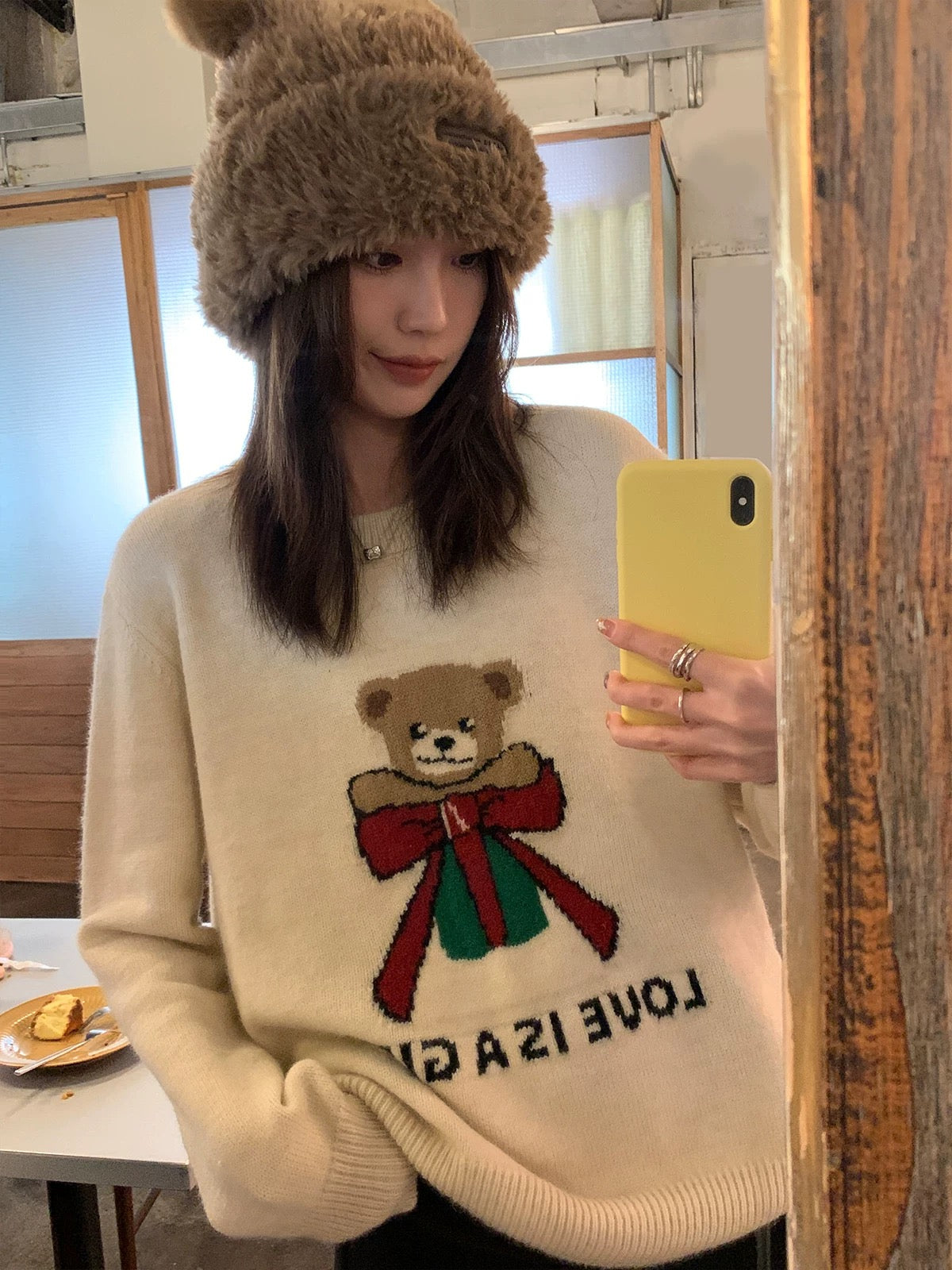 Ayi cute bear embroidered sweater for women spring and autumn loose thick lazy style Christmas style gentle knitted top