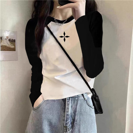 Contrast color pure cotton inner wear design sense splicing long-sleeved T-shirt female 2025 autumn and winter new European goods loose slim top M