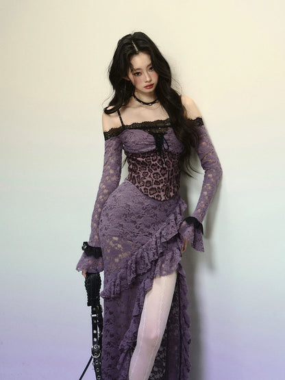 Shaoyeyan Oriental Purple Kite One-shoulder high-grade lace leopard print dress female autumn and winter sexy suspender long dress