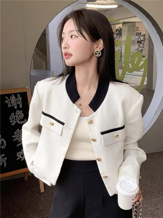 Xiaoxiangfeng coat women's autumn 2022 new high-end woven short style contrast color stand-up collar loose long-sleeved top