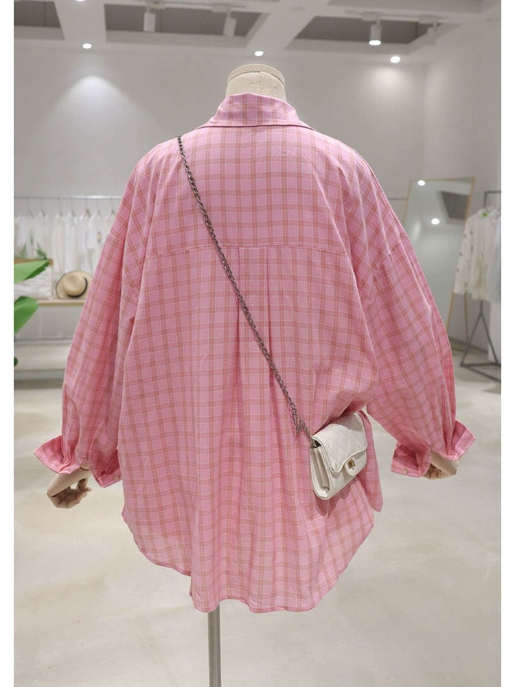 Skin-colored, thin and breathable 2024 summer loose and slim medium-length cotton long-sleeved sun-proof plaid shirt for women